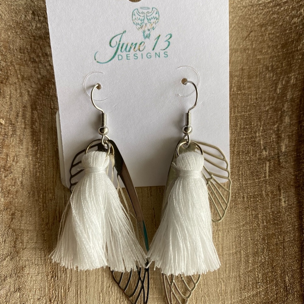 White Angel Wing Tassel Earrings